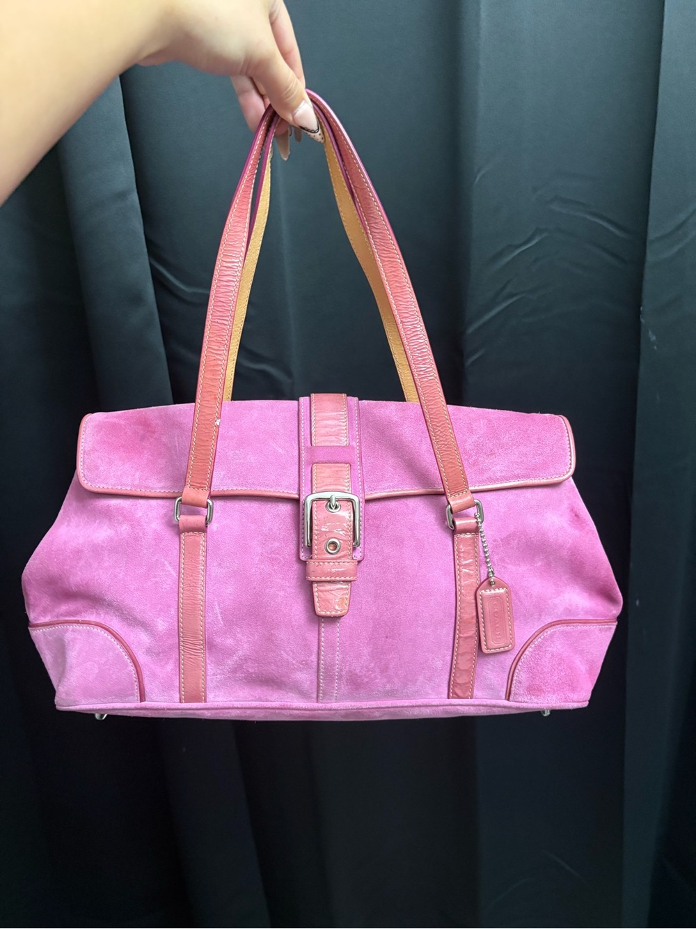 Pink Suede Tote Handbag with Buckle Accent